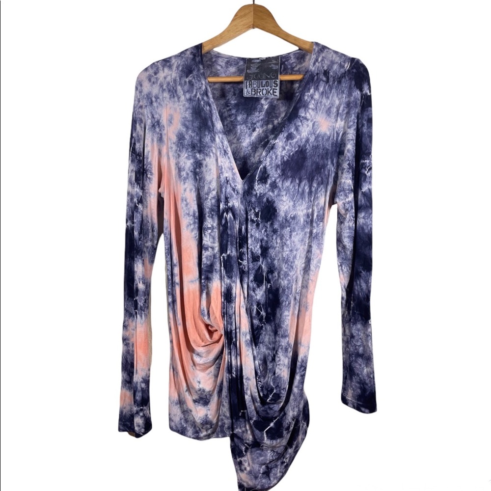 Young Fabulous & Broke Splendor Tie Dye Rayon Drape Front Long Sleeve Blouse LG